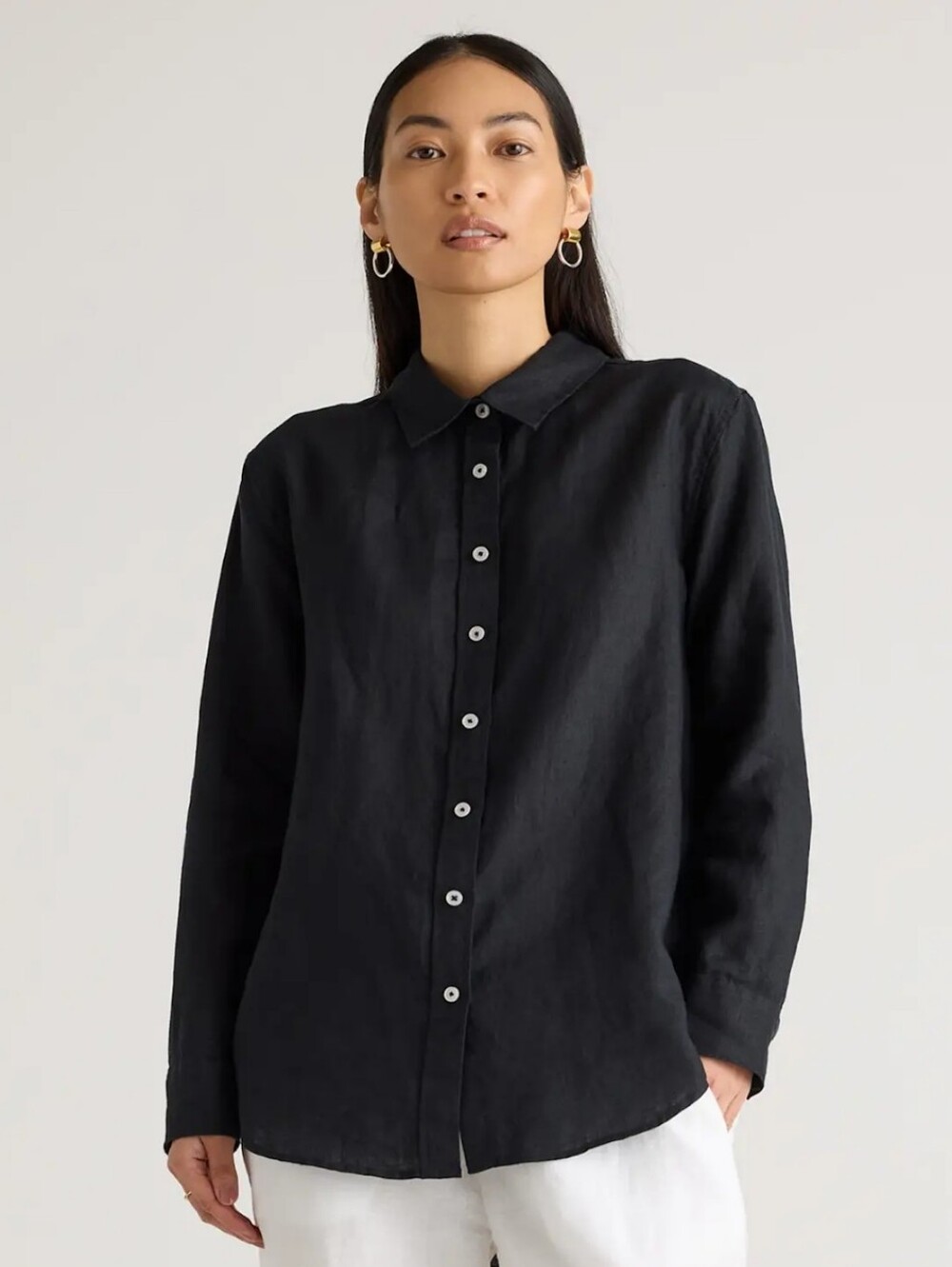 Quince Women's 100% European Linen Long Sleeve Shirt, XL, Black